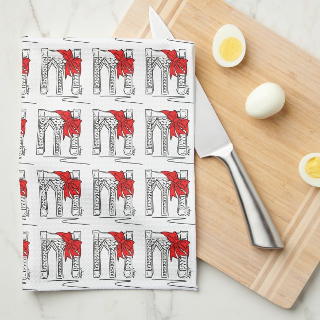 Brooklyn Bridge Bow NYC Christmas Holiday Landmark Tea Towel (Quarter Fold)