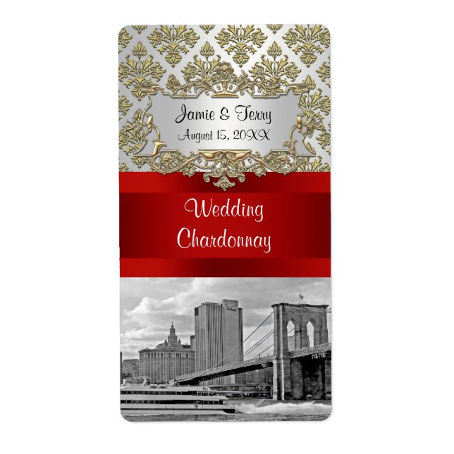 Brooklyn Bridge Gold White Damask  Wine Label (Front)