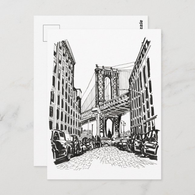 Brooklyn Bridge New York Black White Illustration Postcard (Front/Back)