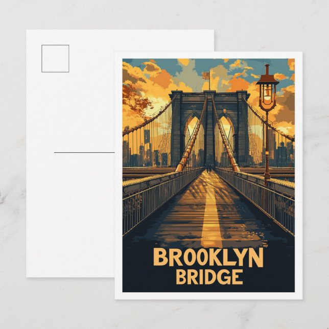 Brooklyn Bridge NY USA Vintage Illustration Travel Postcard (Front/Back)