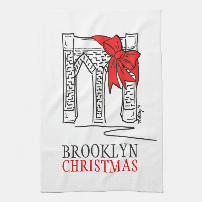 Brooklyn Bridge Red Bow New York City Christmas  Tea Towel (Vertical)