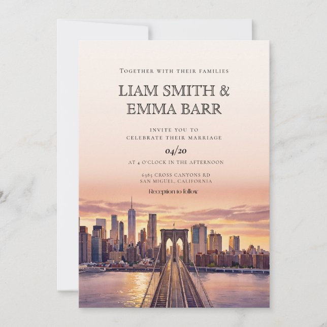 Brooklyn Bridge Sunset NYC Wedding Invitation (Front)