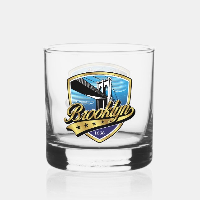 Brooklyn Elegant Gold Swoosh Logo Design Whiskey Glass (Front)