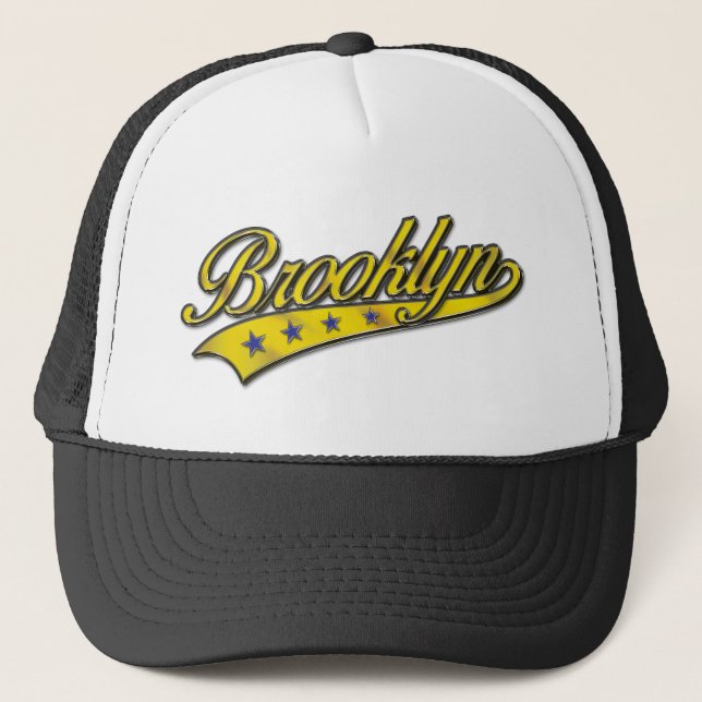 Brooklyn Logo Gold Embossed Trucker Hat (Front)