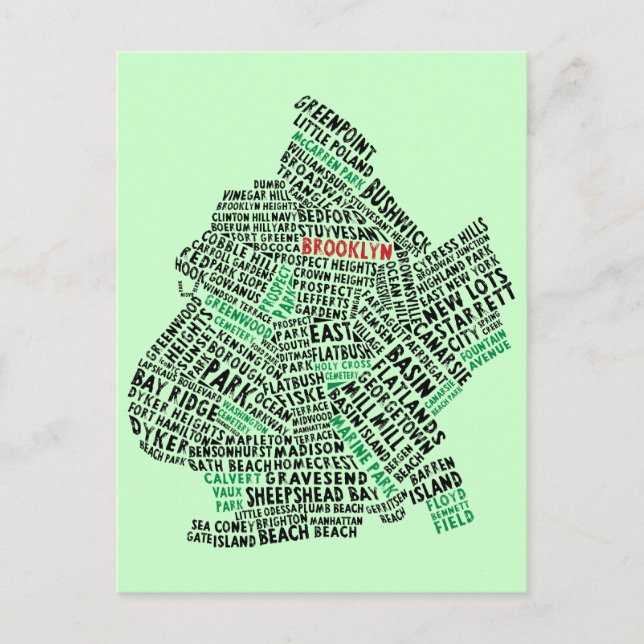 Brooklyn NYC Typography Map Postcard (Front)