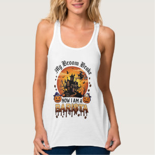 Broom Broke Barista Halloween Witch Coffee Pumpkin Singlet