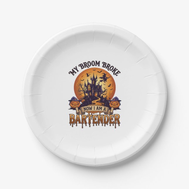 Broom Broke Bartender Halloween Haunted House Witc Paper Plate (Front)