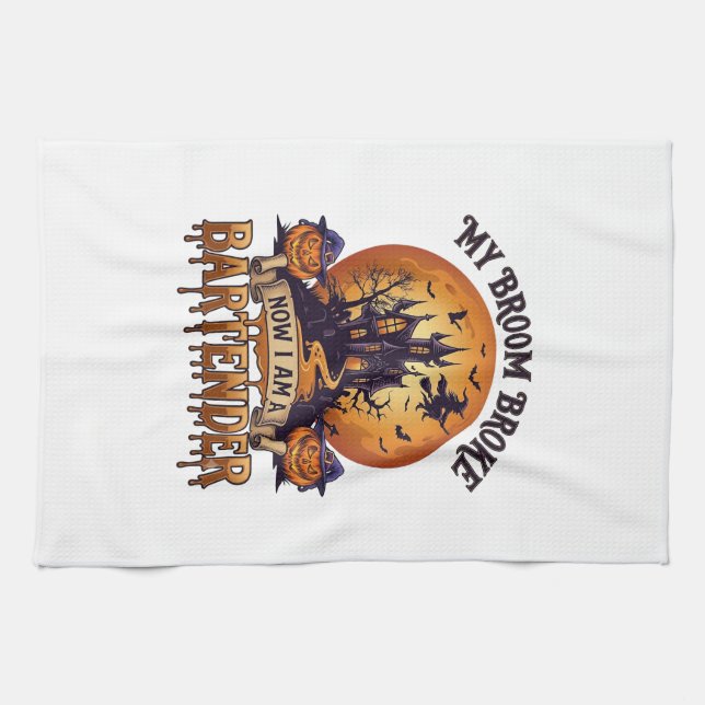 Broom Broke Bartender Halloween Haunted House Witc Tea Towel (Horizontal)