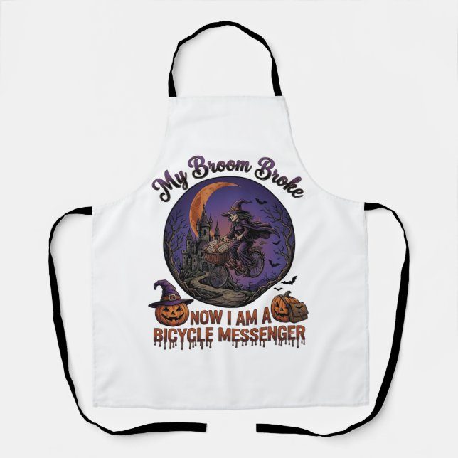 Broom Broke Bicycle Messenger Witch Halloween Moon Apron (Front)