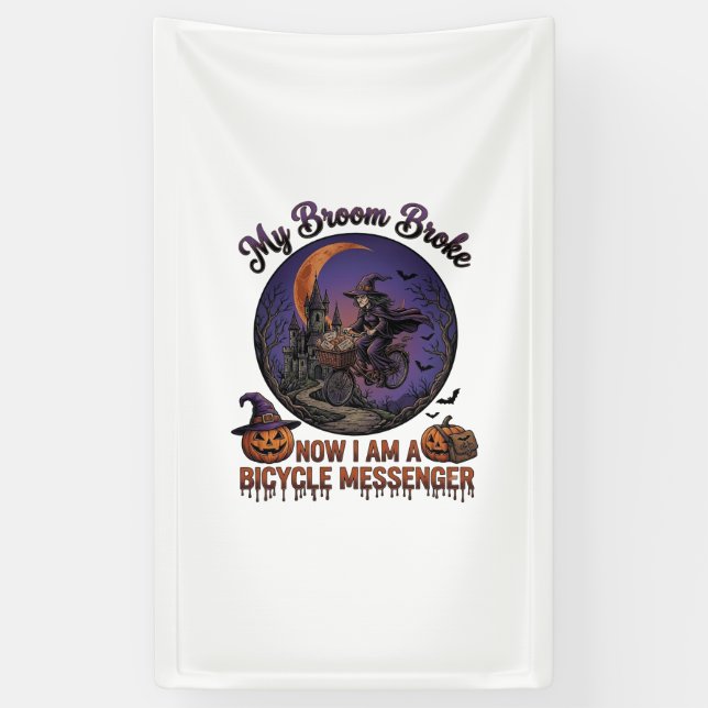 Broom Broke Bicycle Messenger Witch Halloween Moon Banner (Vertical)