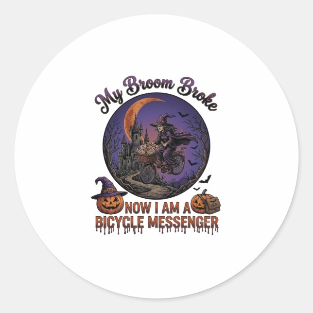 Broom Broke Bicycle Messenger Witch Halloween Moon Classic Round Sticker (Front)