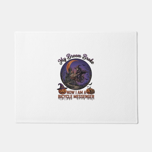 Broom Broke Bicycle Messenger Witch Halloween Moon Doormat (Front)