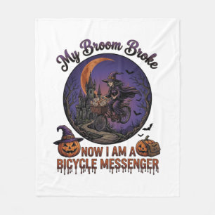 Broom Broke Bicycle Messenger Witch Halloween Moon Fleece Blanket