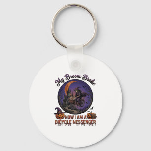 Broom Broke Bicycle Messenger Witch Halloween Moon Key Ring