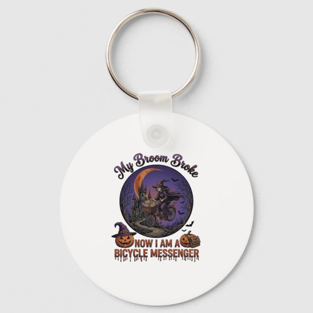 Broom Broke Bicycle Messenger Witch Halloween Moon Key Ring (Front)