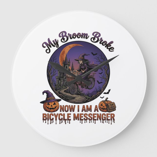 Broom Broke Bicycle Messenger Witch Halloween Moon Large Clock (Front)