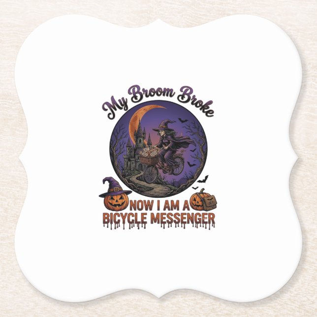 Broom Broke Bicycle Messenger Witch Halloween Moon Paper Coaster (Front)