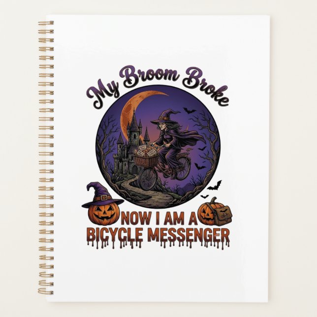 Broom Broke Bicycle Messenger Witch Halloween Moon Planner (Front)