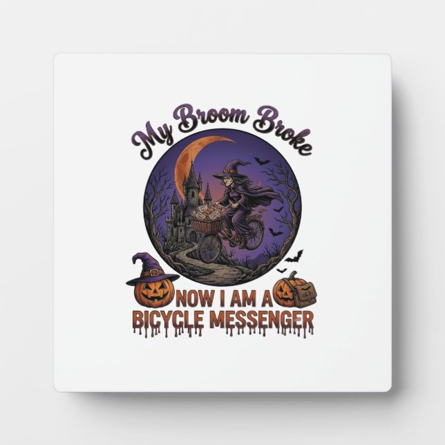 Broom Broke Bicycle Messenger Witch Halloween Moon Plaque (Front)