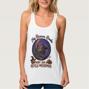 Broom Broke Bicycle Messenger Witch Halloween Moon Singlet