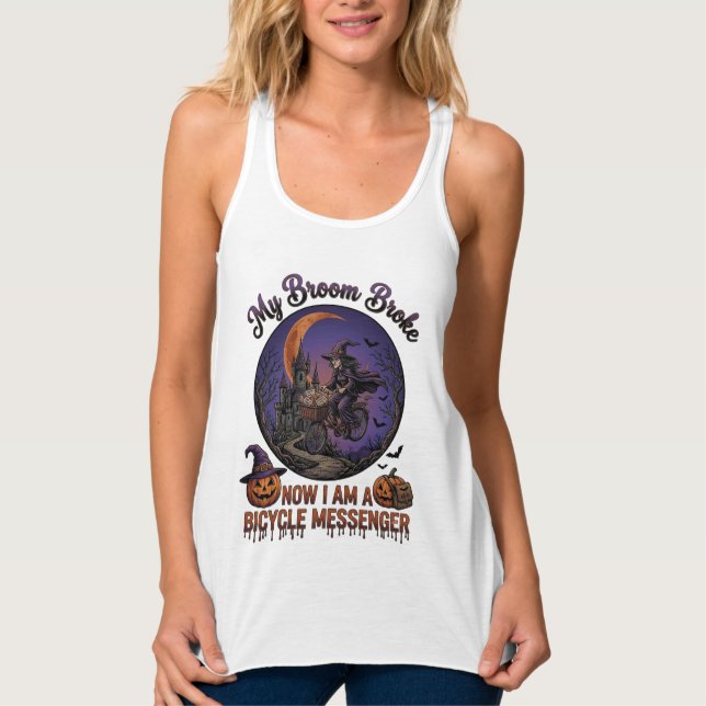 Broom Broke Bicycle Messenger Witch Halloween Moon Singlet (Front)