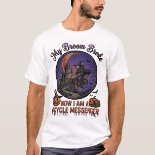Broom Broke Bicycle Messenger Witch Halloween Moon T-Shirt