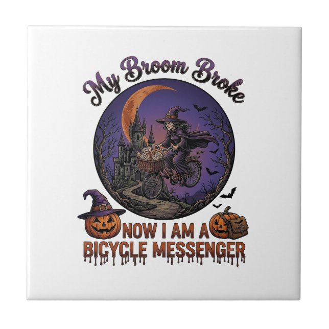 Broom Broke Bicycle Messenger Witch Halloween Moon Tile (Front)