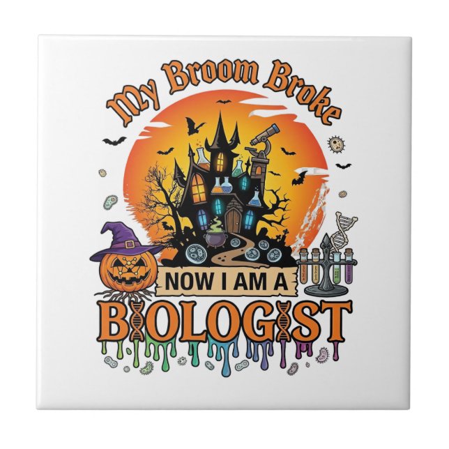 Broom Broke Biologist Halloween Haunted Castle Pum Tile (Front)