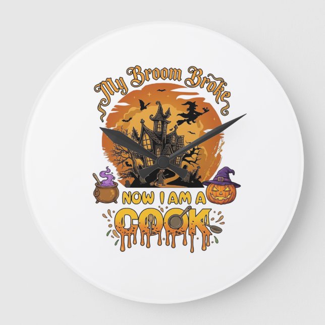 Broom Broke Cook Halloween Haunted House Cauldron  Large Clock (Front)
