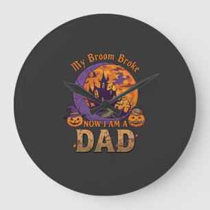 Broom Broke Dad Halloween Haunted House Moustache  Large Clock