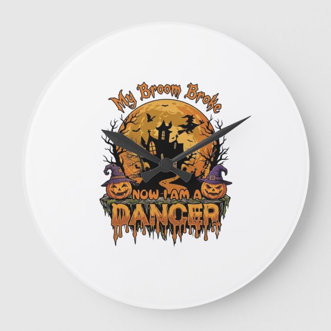 Broom Broke Dancer Halloween Haunted House Pumpkin Large Clock (Front)