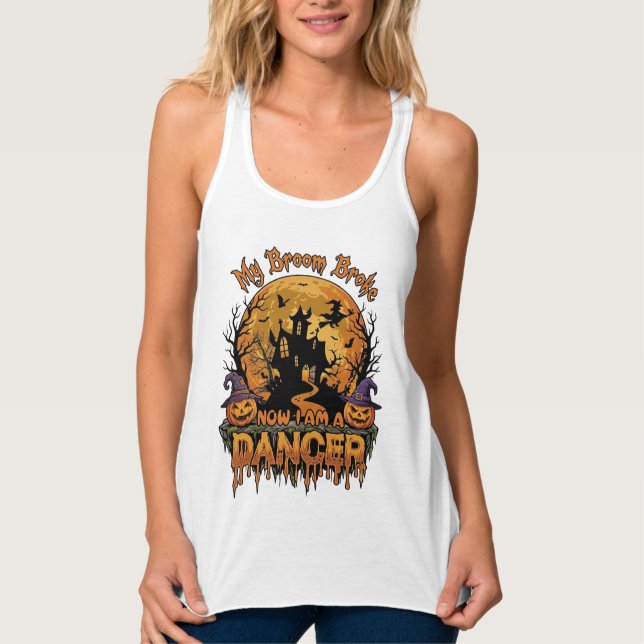 Broom Broke Dancer Halloween Haunted House Pumpkin Singlet (Front)