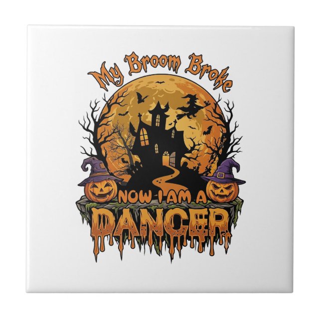 Broom Broke Dancer Halloween Haunted House Pumpkin Tile (Front)