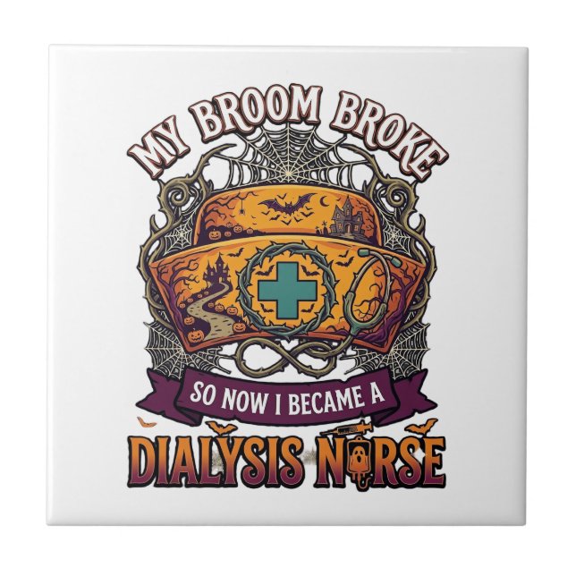 Broom Broke Dialysis Nurse Halloween Cap Stethosco Tile (Front)
