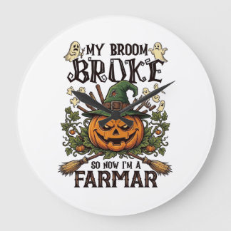 Broom Broke Farmar Halloween Pumpkin Witch Hat Gho Large Clock