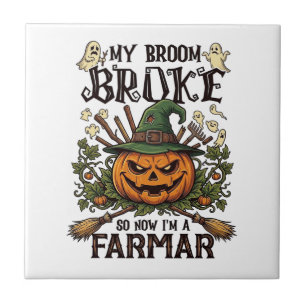 Broom Broke Farmar Halloween Pumpkin Witch Hat Gho Tile