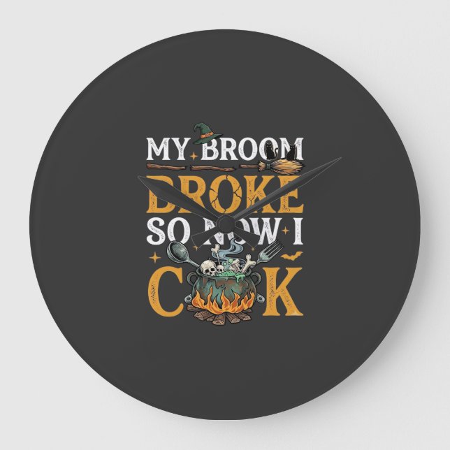Broom Broke Halloween Cauldron Skulls Black Cat_1 Large Clock (Front)