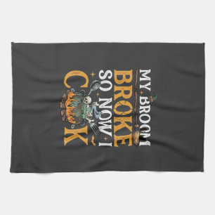 Broom Broke Halloween Cauldron Skulls Black Cat_1 Tea Towel
