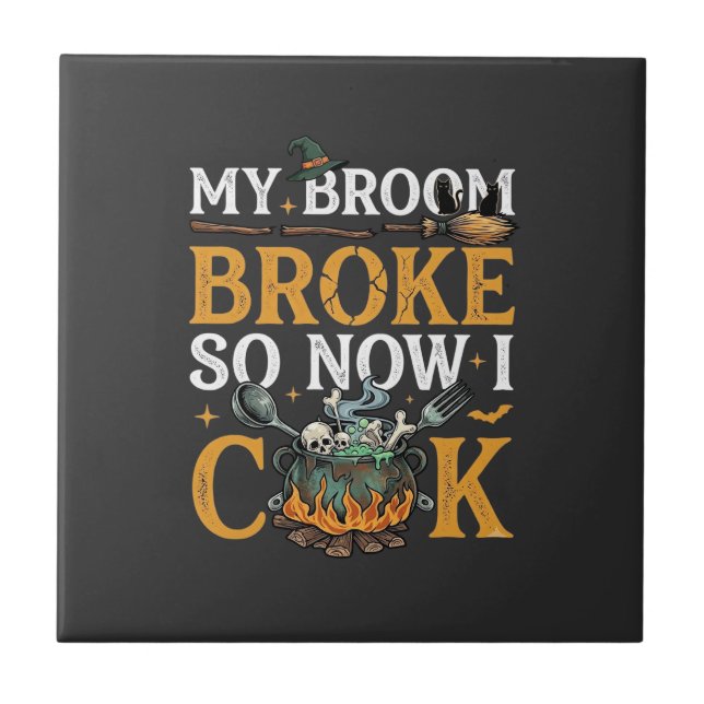 Broom Broke Halloween Cauldron Skulls Black Cat_1 Tile (Front)