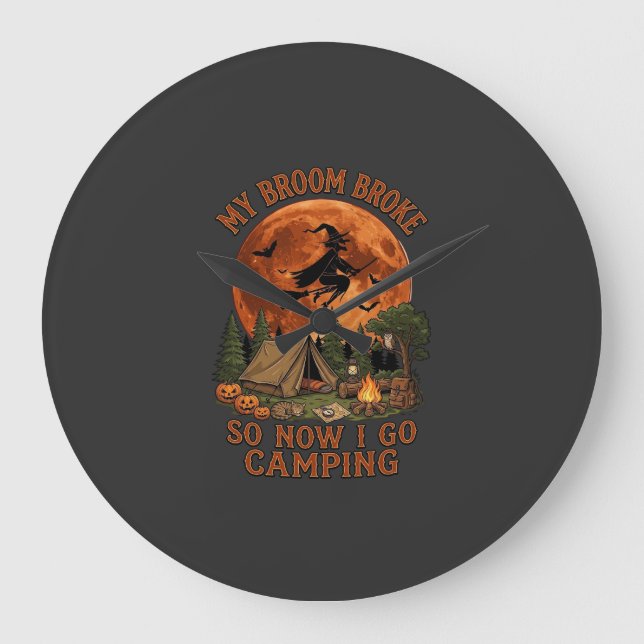 Broom Broke Halloween Witch Camping Tent Campfire  Large Clock (Front)