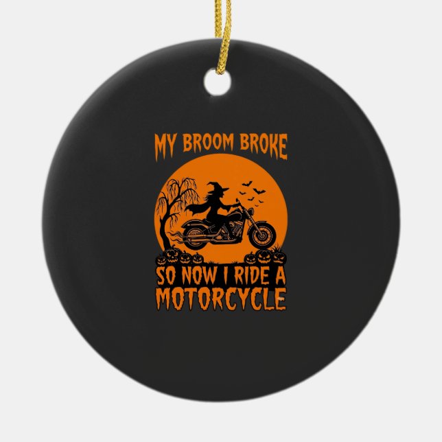 Broom Broke Halloween Witch Motorcycle Bats Pumpki Ceramic Tree Decoration (Front)