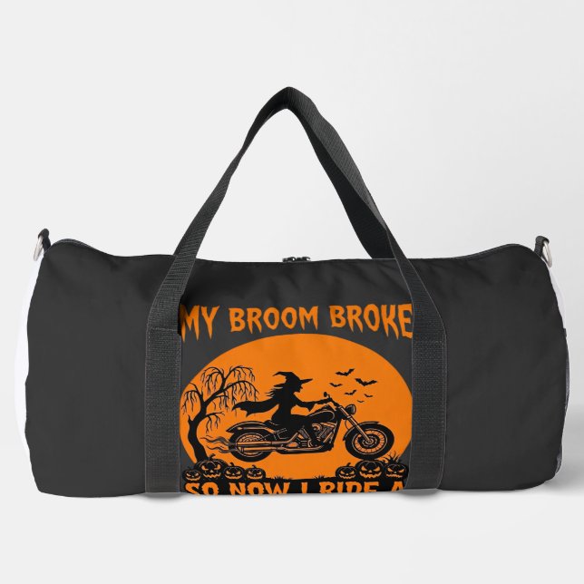 Broom Broke Halloween Witch Motorcycle Bats Pumpki Duffle Bag (Front)