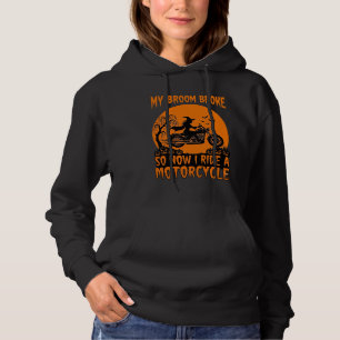 Broom Broke Halloween Witch Motorcycle Bats Pumpki Hoodie