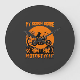 Broom Broke Halloween Witch Motorcycle Bats Pumpki Large Clock