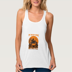 Broom Broke Halloween Witch Motorcycle Bats Pumpki Singlet
