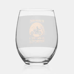 Broom Broke Halloween Witch Motorcycle Bats Pumpki Stemless Wine Glass