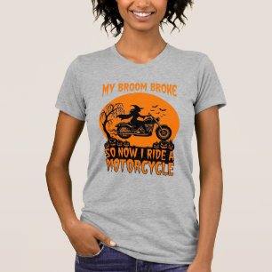 Broom Broke Halloween Witch Motorcycle Bats Pumpki T-Shirt