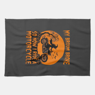 Broom Broke Halloween Witch Motorcycle Bats Pumpki Tea Towel