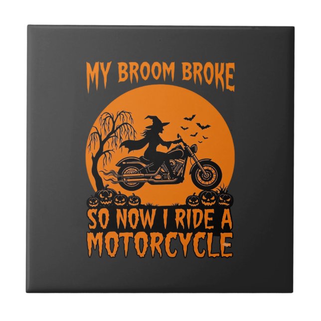 Broom Broke Halloween Witch Motorcycle Bats Pumpki Tile (Front)