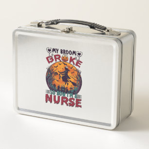Broom Broke Nurse Halloween Witch Full Moon Bats_1 Metal Lunch Box